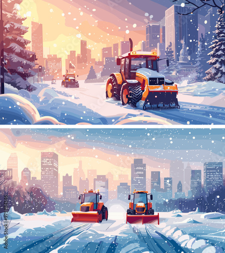 Winter snow clearing tractor cartoon vector illustrations. Frost parks streets pathways equipment removing heavy urban machinery vehicles municipal city services in action concepts