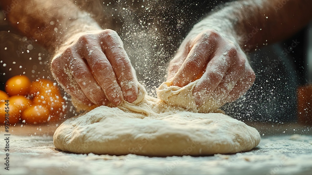Hands Kneading Dough with Flour Flying in the Air Hands Kneading Dough with Flour Flying in the Air