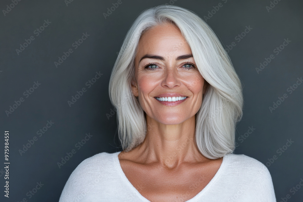 A smiling middle-aged woman with long silver hair poses against a dark background in a cozy indoor setting A smiling middle-aged woman with long silver hair poses against a dark background in a cozy indoor setting