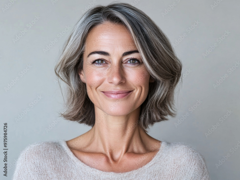 A smiling woman with wavy gray hair wearing a light sweater stands against a neutral background, radiating confidence and warmth A smiling woman with wavy gray hair wearing a light sweater stands against a neutral background, radiating confidence and warmth