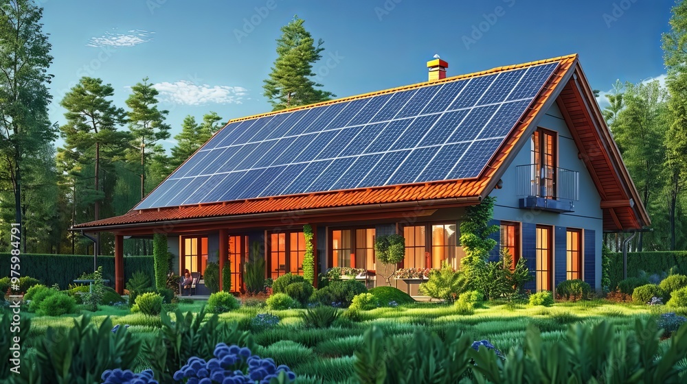 Solar panels on roof. Conceptual illustration shows people collecting lightning for green and clean electric energy from house solar panels. Ecology and sustainability Solar panels on roof. Conceptual illustration shows people collecting lightning for green and clean electric energy from house solar panels. Ecology and sustainability