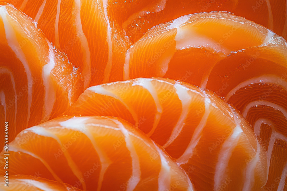 A close-up image of fresh raw salmon slices, with visible white marbling and a sprinkling of coarse salt on top. A close-up image of fresh raw salmon slices, with visible white marbling and a sprinkling of coarse salt on top.