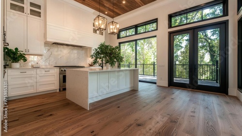 Custom wood-paneled kitchen island with quartz top, sleek appliances, modern lighting