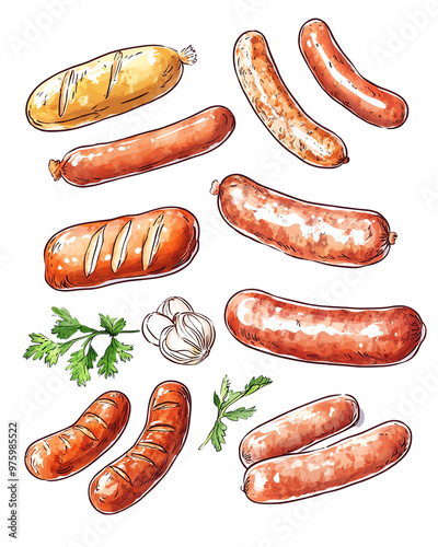 A colorful collection of various sausages and spices, ideal for food illustrations and culinary designs.