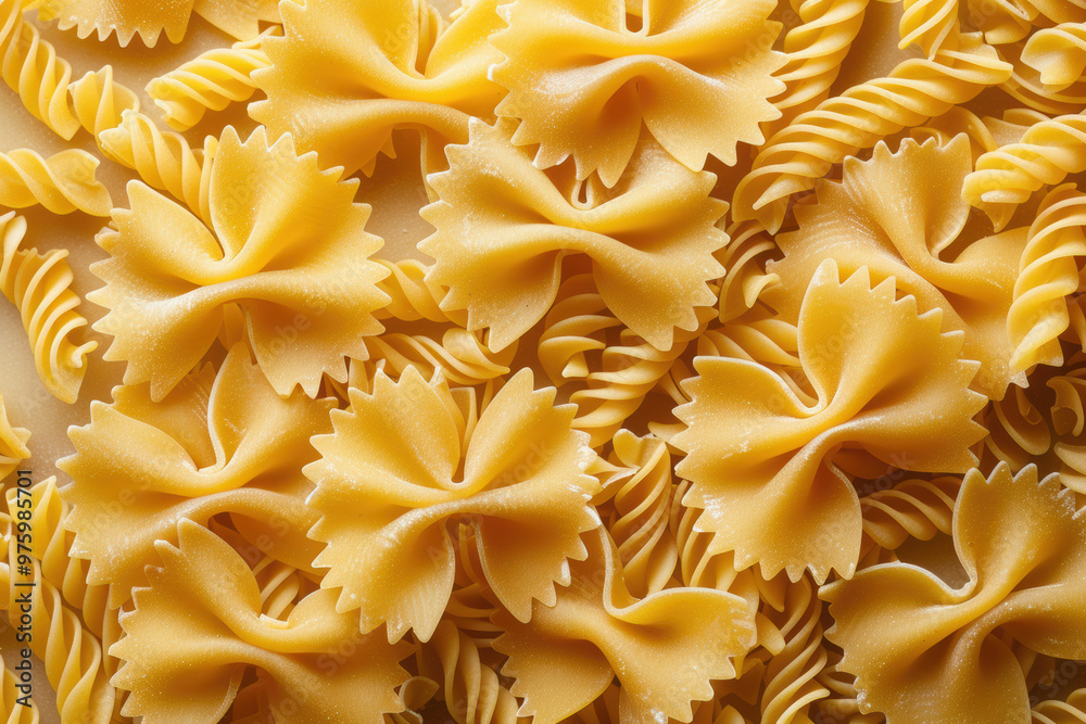 An image of dry pasta featuring both farfalle and fusilli shapes highlights the vibrant yellow hue of uncooked pasta. An image of dry pasta featuring both farfalle and fusilli shapes highlights the vibrant yellow hue of uncooked pasta.