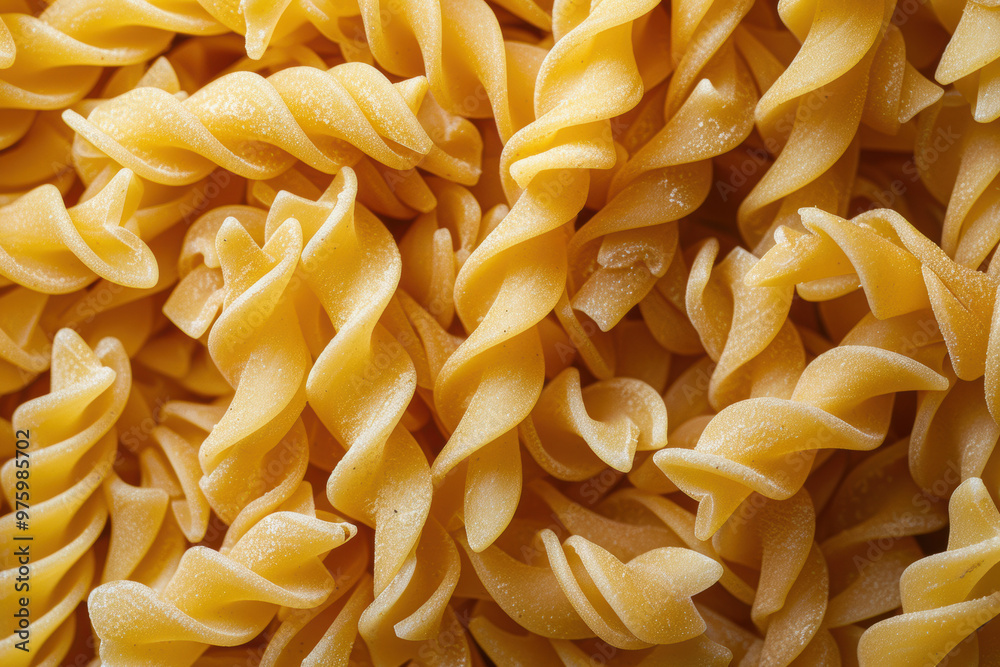 An image of dry rotini pasta, showcasing its spiral shapes and rough texture. An image of dry rotini pasta, showcasing its spiral shapes and rough texture.