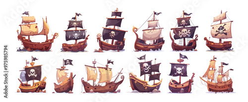Wrecked pirate ships cartoon vector set. Sea vessel wooden bones dark flag skull jolly roger emblem old sunken frigate caravel broken sailboats abandoned destroyed corsair isolated illustrations
