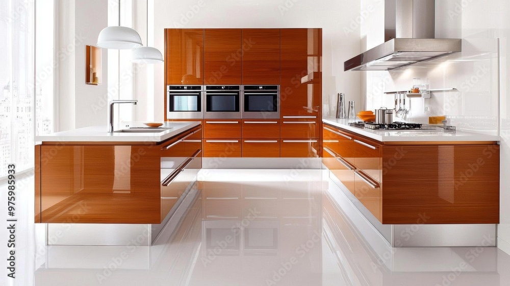 Fototapeta premium Elegant kitchen design with wooden cabinetry, modern fixtures, open-plan layout