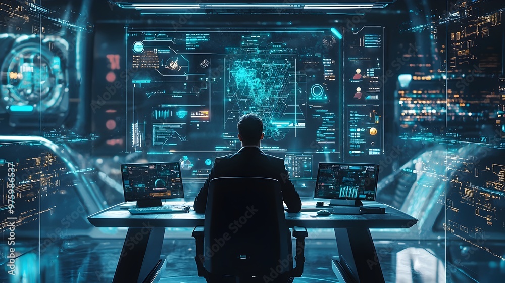 Futuristic Corporate Workflow with Virtual Assistants at High-Tech Desk Futuristic Corporate Workflow with Virtual Assistants at High-Tech Desk