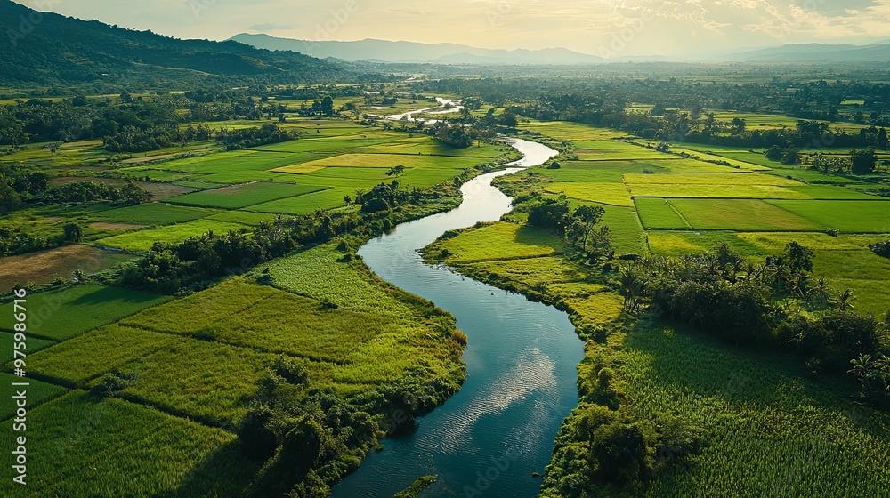 Aerial View of a Serpentine River Winding Through Lush Green Fields and Forested Hills Aerial View of a Serpentine River Winding Through Lush Green Fields and Forested Hills