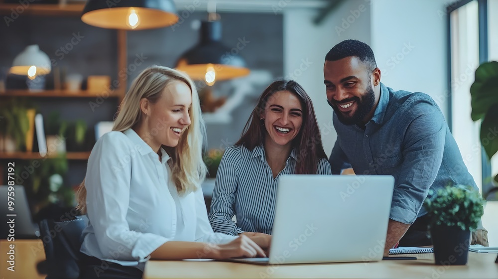 Diverse Business Colleagues Collaborating on Laptop in Casual Workspace