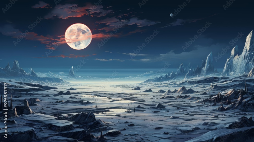 Naklejka premium A chilling illustration of an icy tundra under a cold, bright moon