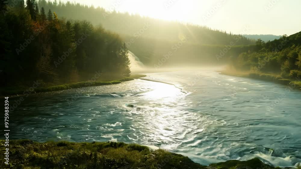 Mist-covered lake with a waterfall flowing into it, softly illuminated by the warm morning light, creating a serene and peaceful ambiance Mist-covered lake with a waterfall flowing into it, softly illuminated by the warm morning light, creating a serene and peaceful ambiance