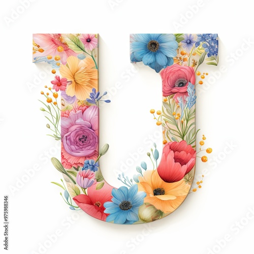Illustration of the U typography, surrounded by colorful watercolor flowers.