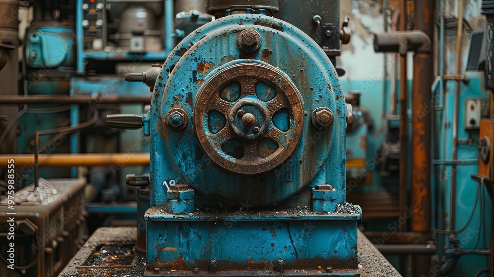 Close-up of a Rusty Blue Industrial Machine with a Gear Wheel Close-up of a Rusty Blue Industrial Machine with a Gear Wheel