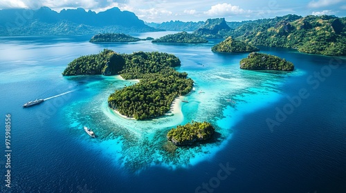 Aerial View of Lush Green Islands with Boats in Turquoise Water