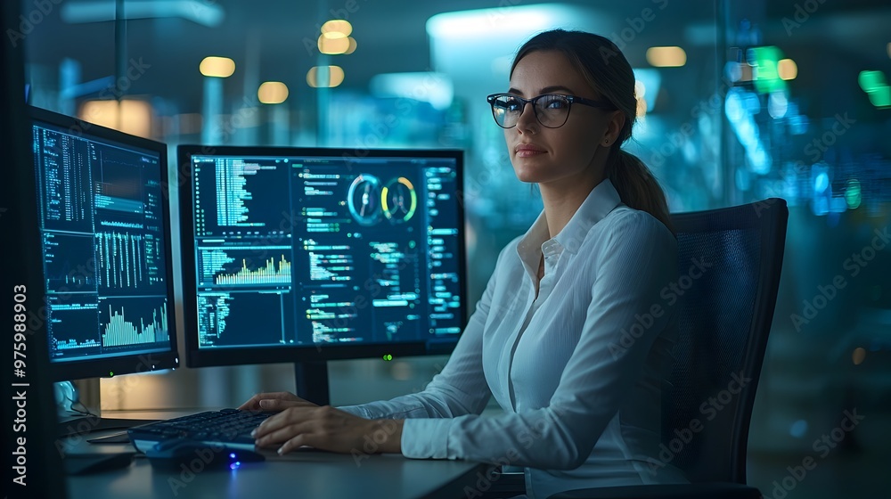 Businesswoman Multitasking in Digital Work Environment at Desk with Monitors Businesswoman Multitasking in Digital Work Environment at Desk with Monitors