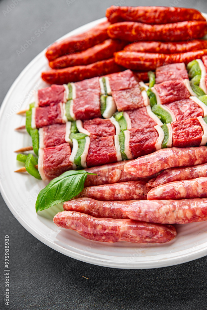 raw sausage meat assorted juicy pork, beef fresh gourmet food background on the table rustick food top view copy space raw sausage meat assorted juicy pork, beef fresh gourmet food background on the table rustick food top view copy space