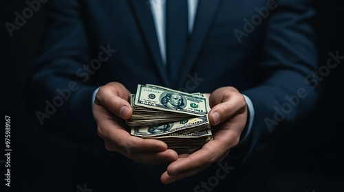 A businessman's hands holding a stack of US dollar bills.