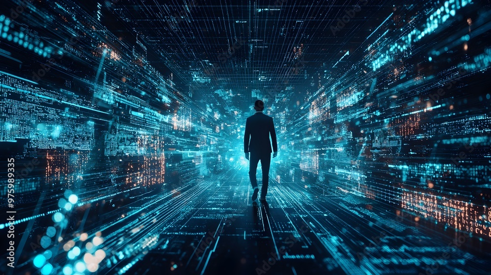 Abstract Businessman Surrounded by Flowing Digital Data Streams in Modern Business Environment Abstract Businessman Surrounded by Flowing Digital Data Streams in Modern Business Environment