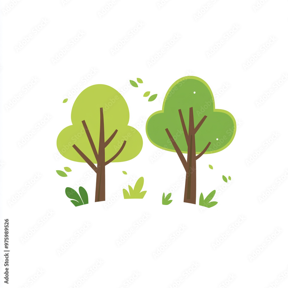 Logo design featuring simple shapes of trees and tree trunks, in green colors on a white background. Logo design featuring simple shapes of trees and tree trunks, in green colors on a white background.