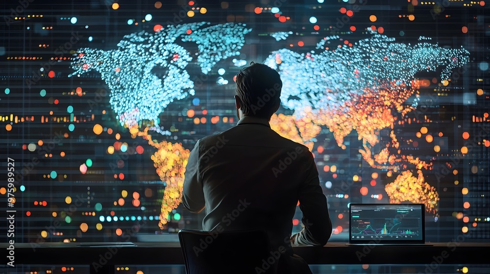 Businessman Analyzing Virtual Global Market Strategy Data Visualization Dashboard Businessman Analyzing Virtual Global Market Strategy Data Visualization Dashboard