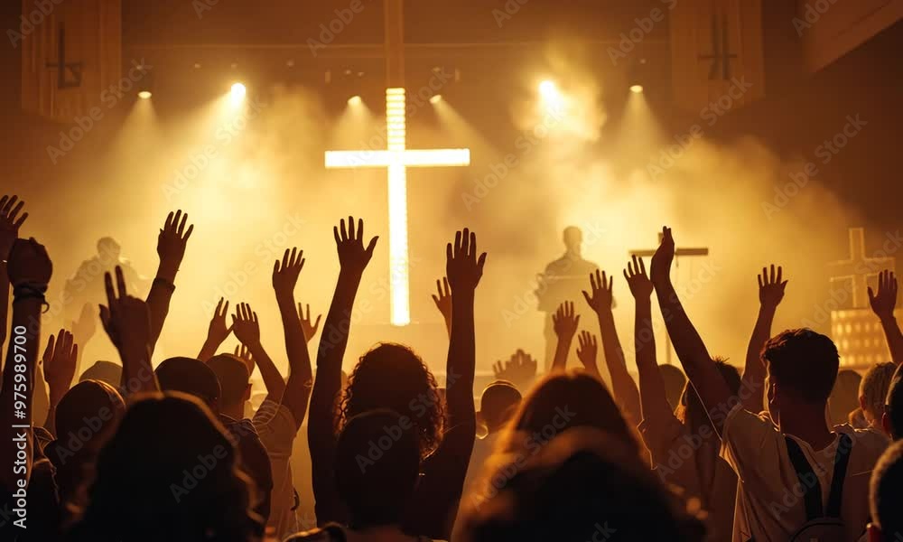 Christian worshipers raising hands up in the air in front of the cross