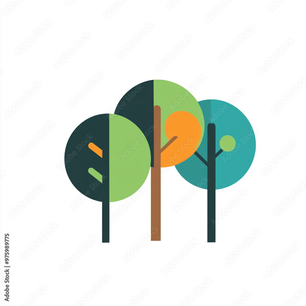 Logo design featuring simple shapes of trees and tree trunks, in green colors on a white background. Logo design featuring simple shapes of trees and tree trunks, in green colors on a white background.