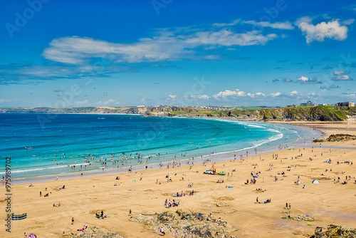 Sunny Beach Day with Turquoise Waters at Towan Beach, Newquay, UK photo