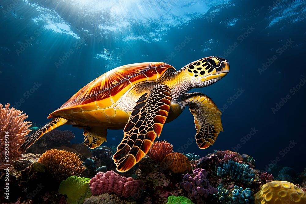 Fototapeta premium A vibrant underwater scene, with a sea turtle swimming through a kaleidoscope of coral, sponges, and tropical fish
