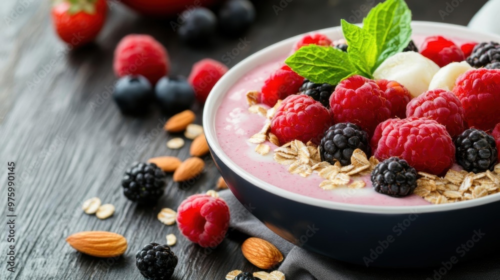 A vibrant bowl of yogurt topped with fresh berries and almonds, perfect for a healthy breakfast or snack. A vibrant bowl of yogurt topped with fresh berries and almonds, perfect for a healthy breakfast or snack.