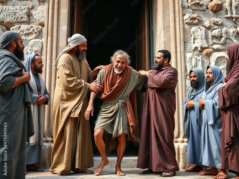Naklejka premium Gospel Images from the Bible NT - Peter heals a lame beggar at the temple gate