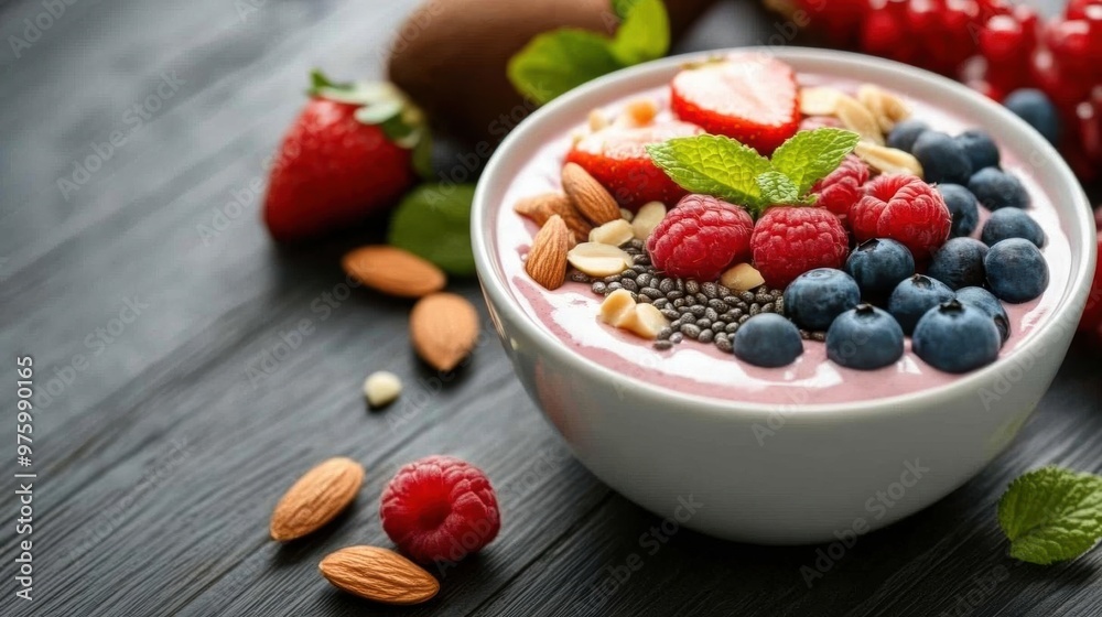 Delicious yogurt bowl topped with fresh berries, nuts, and mint, perfect for a healthy breakfast or snack. Delicious yogurt bowl topped with fresh berries, nuts, and mint, perfect for a healthy breakfast or snack.
