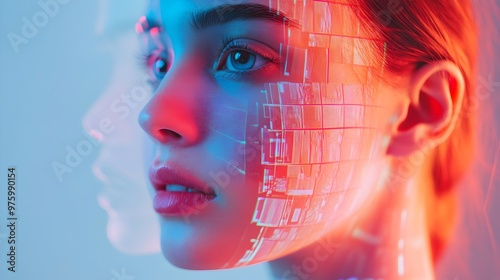 A digitally transformed virtual portrait showcasing a futuristic representation of identity,featuring a synthetic human face with a mesh-like overlay suggesting a cyborg or avatar-like aesthetic.