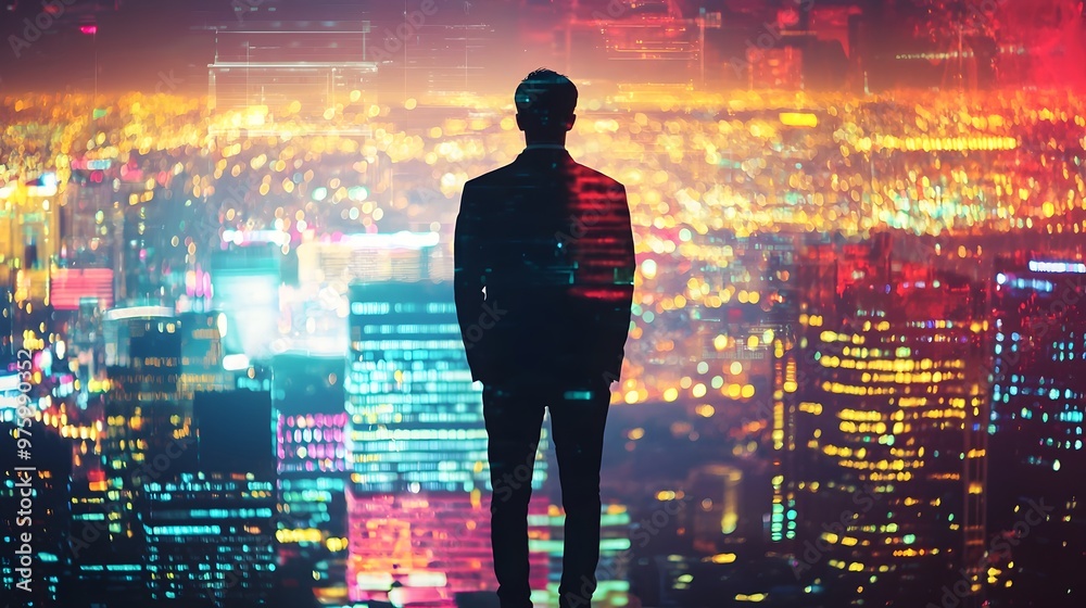 Silhouette of Businessman Against Futuristic Cityscape with Neon Digital Overlays Silhouette of Businessman Against Futuristic Cityscape with Neon Digital Overlays