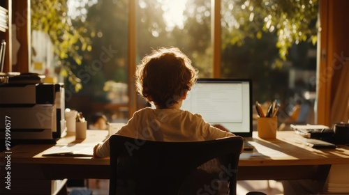 A child sits at a desk, focused on a computer, with sunlight streaming through the window, creating a warm, inspiring workspace.