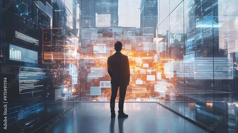 Businessman in Minimalist Office with Floating Virtual Screens for Innovative Work Environment