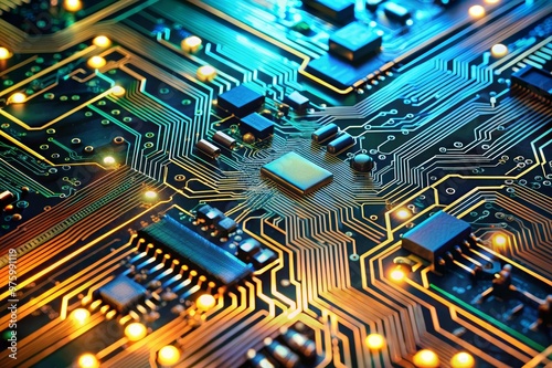 Closeup of Detailed Circuit Board with Complex Pathways in Modern Electronics