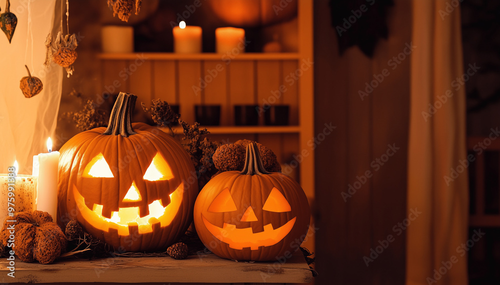 Obraz premium A spooky yet inviting Halloween scene with carved pumpkins, candles, and rustic décor, featuring Pumpkin Orange, Creamy White, and Espresso Brown. Perfect for an eerie but warm autumn settings.