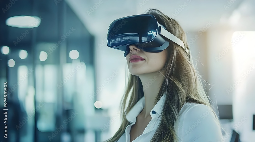 Businesswoman Exploring Digital Innovation with Virtual Reality Glasses in Modern Office Businesswoman Exploring Digital Innovation with Virtual Reality Glasses in Modern Office