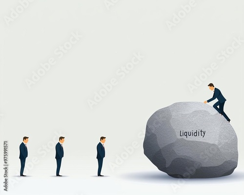 Corporate executives pushing a boulder uphill marked 