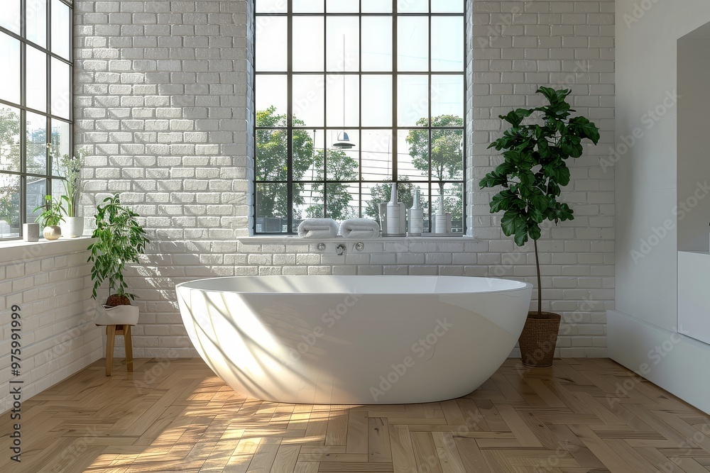 Modern Bathroom with White Brick Wall, Freestanding Bathtub, and Wooden Floorboard Featuring Minimalist Design and Window Modern Bathroom with White Brick Wall, Freestanding Bathtub, and Wooden Floorboard Featuring Minimalist Design and Window