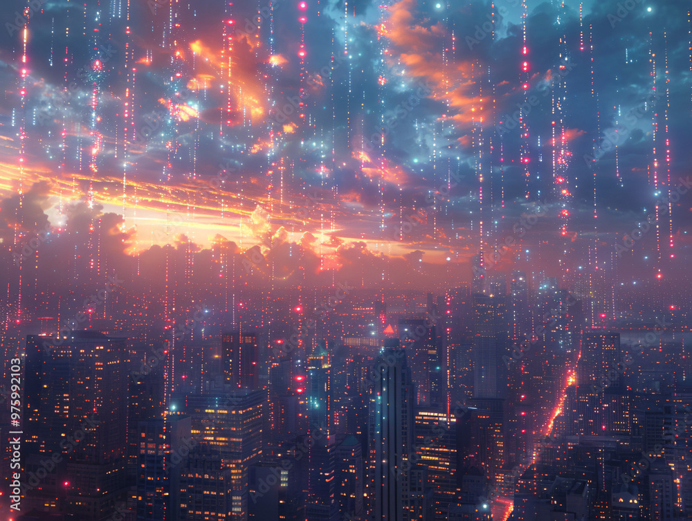Fototapeta premium Neon Skyline: Synthwave Cityscape with Holographic Billboards and Digital Stars