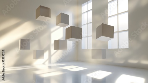 Floating cubes casting soft shadows and reflections on a glossy surface.