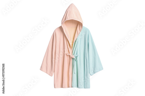 Cozy hooded robe in soft pastel colors, perfect for relaxation and comfort at home or after a bath. photo