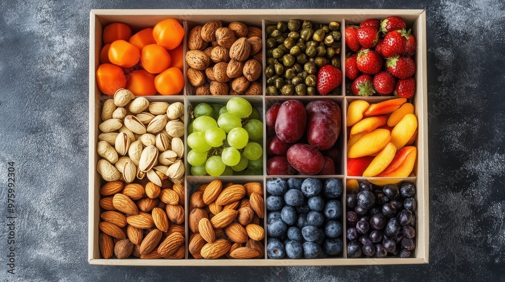 A healthy snack box filled with nuts, fruits, and veggies, promoting the habit of mindful snacking. A healthy snack box filled with nuts, fruits, and veggies, promoting the habit of mindful snacking.