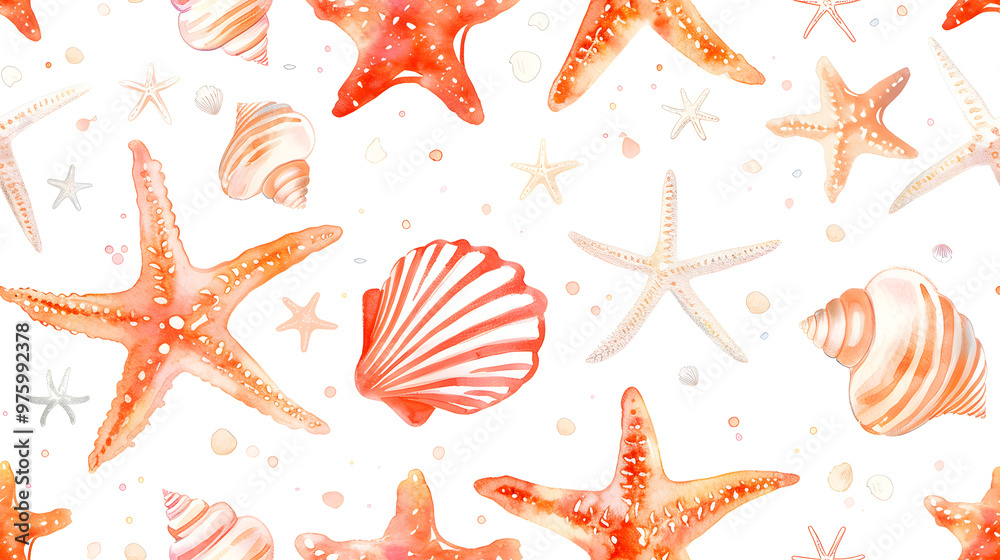 A seamless pattern of orange starfish and seashells, creating a bright and playful marine design perfect for summer or beach-themed projects. A seamless pattern of orange starfish and seashells, creating a bright and playful marine design perfect for summer or beach-themed projects.