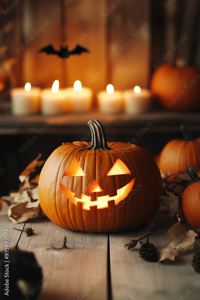 Obraz premium A spooky yet inviting Halloween scene with carved pumpkins, candles, and rustic décor, featuring Pumpkin Orange, Creamy White, and Espresso Brown. Perfect for an eerie but warm autumn settings.
