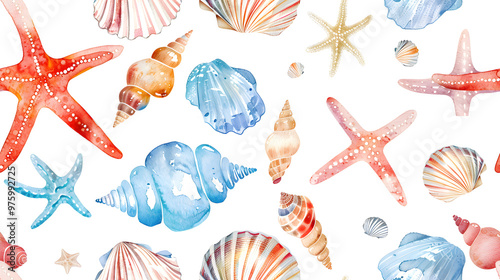 A seamless pattern featuring vibrant seashells and starfish in blue, orange, and red hues, creating a playful marine-themed design perfect for summer projects. photo