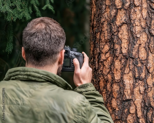 A photographer capturing the intricate textures of tree bark in the forest, marveling at nature's details photographer, forest, tree interaction